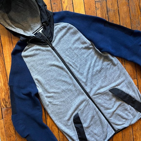 Nike Made in Italy Men's Heather Grey Navy Blue Black Ribbed Elbow Zip Up Hoodie - Picture 2 of 4